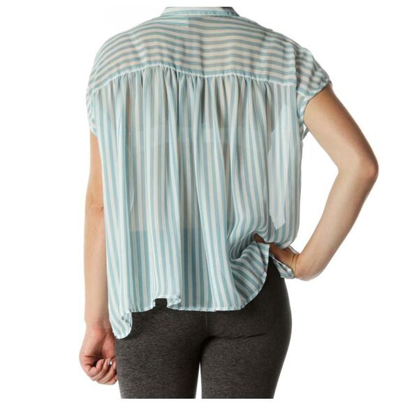 ELODIE Striped Short Sleeve Button-Front Shirt Blouse Sheer Blue White Size M/L - Picture 2 of 11